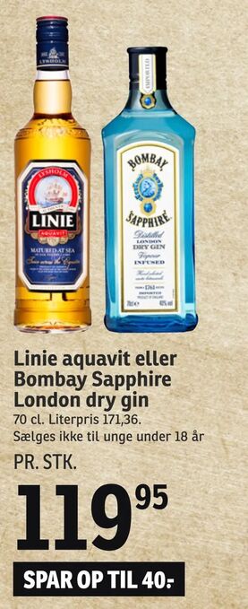 SPAR Linie aquavit eller Bombay Sapphire London dry gin tilbud