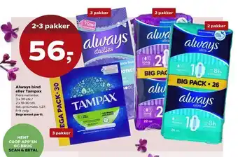 SuperBrugsen Always bind eller Tampax tilbud