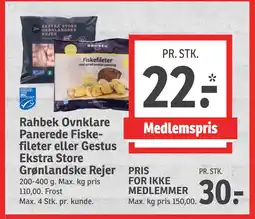 SPAR Rahbek Ovnklare Panerede Fiske fileter eller Gestus Ekstra Store Grønlandske Rejer tilbud