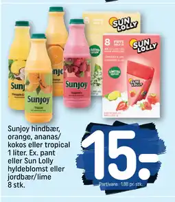 REMA 1000 Sunjoy hindbær, orange, ananas/ kokos eller tropical 1 liter. Ex. pant eller Sun Lolly hyldeblomst eller jordbær/lime 8 stk tilbud