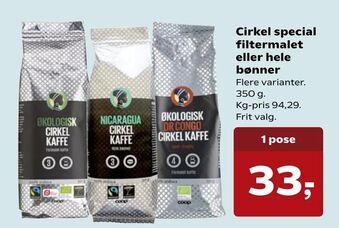 SuperBrugsen Cirkel special filtermalet eller hele bønner tilbud
