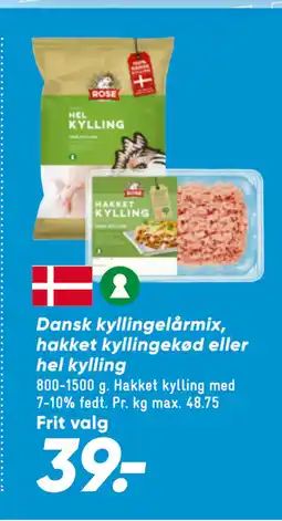 Bilka Dansk kyllingelårmix, hakket kyllingekød eller hel kylling tilbud