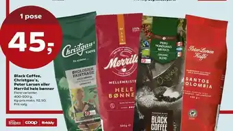 SuperBrugsen Black Coffee, Christgau's, Peter Larsen eller Merrild hele bønner tilbud