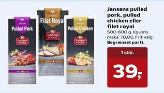 Jensens pulled pork, pulled chicken eller filet royal