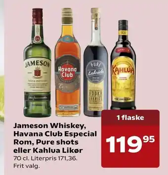 SuperBrugsen Jameson Whiskey, Havana Club Especial Rom, Pure shots eller Kahlua Likør tilbud