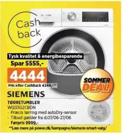 Power SIEMENS TØRRETUMBLER WQ33G2CBDN tilbud