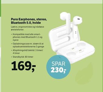 Puro Earphones, stereo, Bluetooth 5,0, hvide