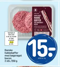 REMA 1000 Danske hakkebøffer med bøgerøget bacon 2 stk./250 g tilbud