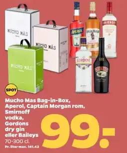 Netto Mucho Mas Bag-in-Box, Aperol, Captain Morgan rom, Smirnoff vodka, Gordons dry gin eller Baileys tilbud