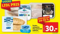 Lidl Torske-, rødspætte- eller panerede sejfileter tilbud
