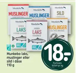 REMA 1000 Munkebo laks, muslinger eller sild i dåse 110 g tilbud