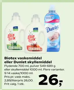 SuperBrugsen Biotex vaskemiddel eller Dunlet skyllemiddel tilbud