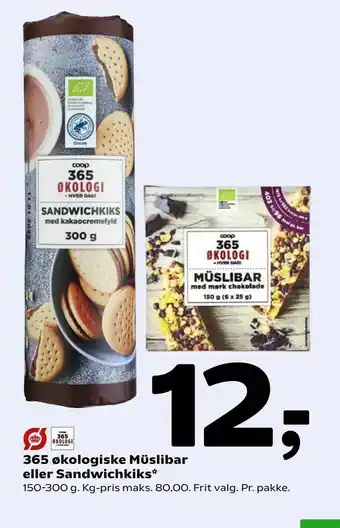 Coop 365 365 økologiske Müslibar eller Sandwichkiks tilbud