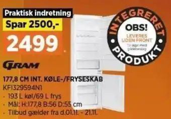 Power Gram 177,8 Cm Int. Køle-/Fryseskab KFI329594N1 tilbud