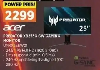 Power Acer Predator XB253Q GW Gaming Monitor UMKX3EEW01 tilbud