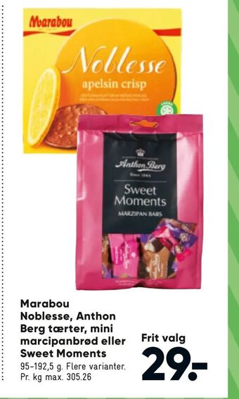 Bilka Marabou Noblesse, Anthon Berg tærter, mini marcipanbrød eller Sweet Moments tilbud