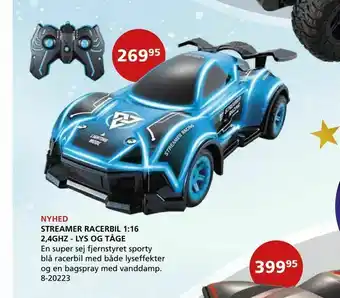 Kon-Tur En super sej fjernstyret sporty blå racerbil med både lyseffekter og en bagspray med vanddamp. 8-20223 tilbud