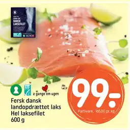 REMA 1000 Fersk dansk landopdrættet laks Hel laksefilet 600 g tilbud