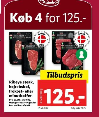 Let-Køb Ribeye steak, højrebsbøf, frokost- eller minutbøffer tilbud