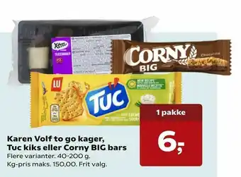 Karen Volf to go kager, Tuc kiks eller Corny BIG bars