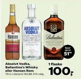 Dagli'Brugsen Absolut Vodka, Ballantine's Whisky eller Hansen Rom tilbud