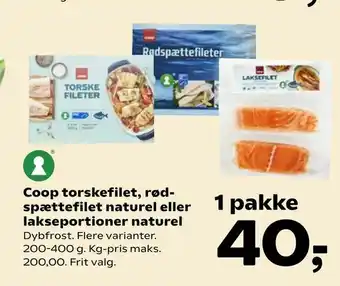 Kvickly Coop torskefilet, rødspættefilet naturel eller lakse portioner naturel tilbud