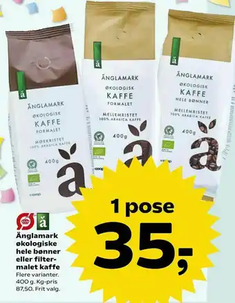 Kvickly Änglamark økologiske hele bønner eller filter malet kaffe tilbud