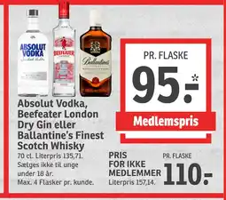 SPAR Absolut Vodka, Beefeater London Dry Gin eller Ballantine’s Finest Scotch Whisky tilbud