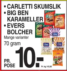 ABC Lavpris CARLETTI SKUMSLIK • BIG BEN KARAMELLER • EVERS BOLCHER tilbud