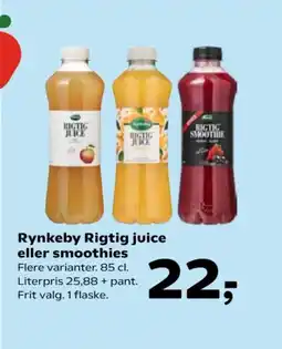 Kvickly Rynkeby Rigtig juice eller smoothies Flere varianter. 85 cl. Literpris 25,88 + pant. Frit valg. 1 flaske. tilbud