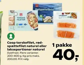 SuperBrugsen Coop torskefilet, rød spættefilet naturel eller lakse portioner naturel tilbud