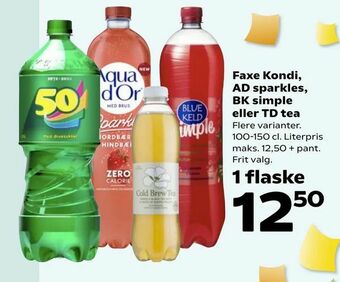 SuperBrugsen Faxe Kondi, AD sparkles, BK simple eller TD tea tilbud