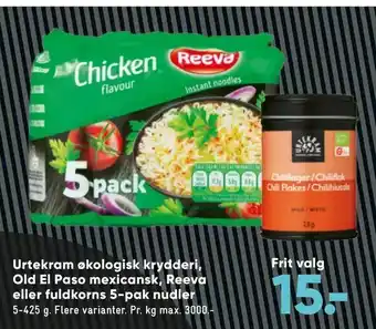 Bilka Urtekram økologisk krydderi, Old El Paso mexicansk, Reeva eller fuldkorns 5-pak nudler tilbud