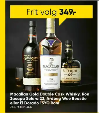 Macallan Gold Double Cask Whisky, Ron Zacapa Solera 23,00 Ardbeg Wee Beastie eller El Dorado 15YO Rom