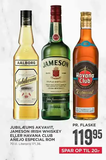 MENY Jubilæums akvavit, jameson irish whiskey eller havana club añejo especial rom tilbud