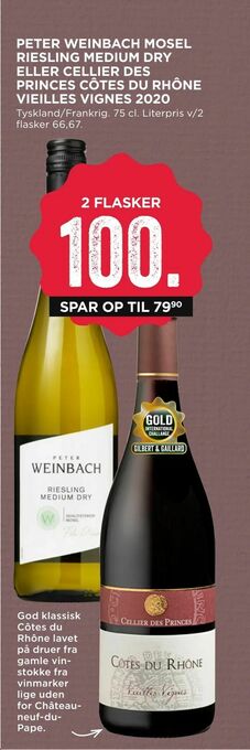 MENY Peter weinbach mosel riesling medium dry eller cellier des princes côtes du rhône vieilles vignes 2020 tilbud