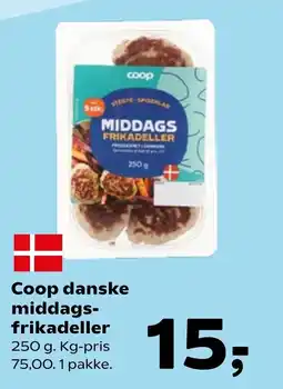 Coop danske middags- frikadeller 250 g. Kg-pris 75,00. 1 pakke.