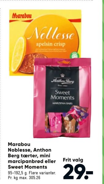 Bilka Marabou Noblesse, Anthon Berg tærter, mini marcipanbrød eller Sweet Moments tilbud