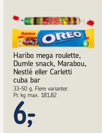 Føtex Haribo mega roulette, Dumle snack, Marabou, Nestlé eller Carletti cuba bar tilbud