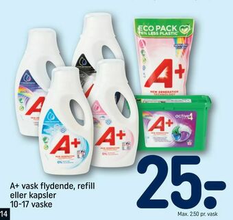 REMA 1000 A+ vask flydende, refill eller kapsler 10-17 vaske tilbud