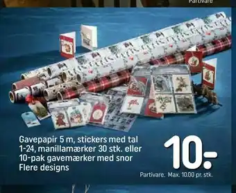 REMA 1000 Gavepapir 5 m, stickers med tal 1-24, manillamærker 30 stk. eller 10-pak gavemærker med snor tilbud