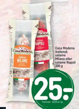 REMA 1000 Casa Modena italiensk salame Milano eller salame Napoli 200 g tilbud