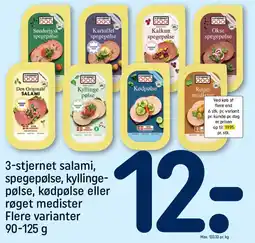 REMA 1000 3-stjernet salami, spegepølse, kyllinge- pølse, kødpølse eller røget medister Flere varianter 90-125 g tilbud