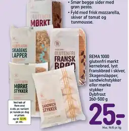 REMA 1000 REMA 1000 glutenfri mørkt kernebrød, lyst franskbrød i skiver, Skagenslapper, sandwichstykker eller mørke stykker tilbud