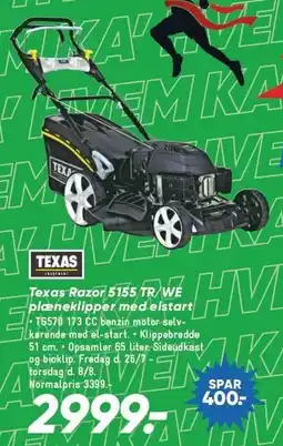 Bilka Texas Razor 5155 TR/WE plæneklipper med elstart tilbud