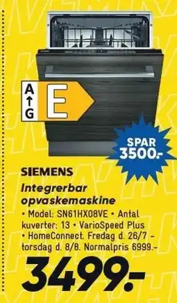 Bilka SIEMENS Integrerbar opvaskemaskine tilbud
