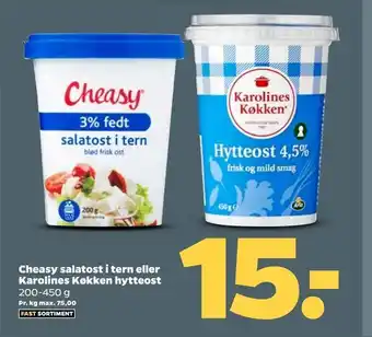 Netto Cheasy salatost i tern eller Karolines Køkken hytteost tilbud