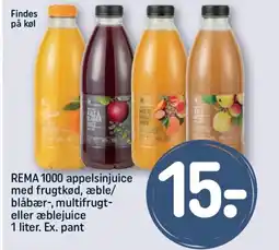 REMA 1000 REMA 1000 appelsinjuice med frugtkød, æble/ blåbær-, multifrugt- eller æblejuice 1 liter. Ex. pant tilbud