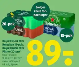 Coop 365 Royal Export eller Heineken 18-pak, Royal Classic eller Pilsner 20-pak* tilbud