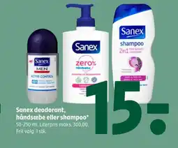 Coop 365 Sanex deodorant, håndsæbe eller shampoo* 50-250 ml. Literpris maks. 300,00. Frit valg. 1 stk. tilbud